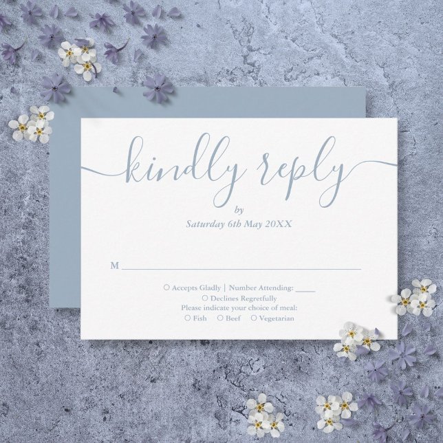 Tarjeta De Confirmación De Asistencia Guión elegante simple azul turbio (Simple Elegant Script Dusty Blue RSVP Card)