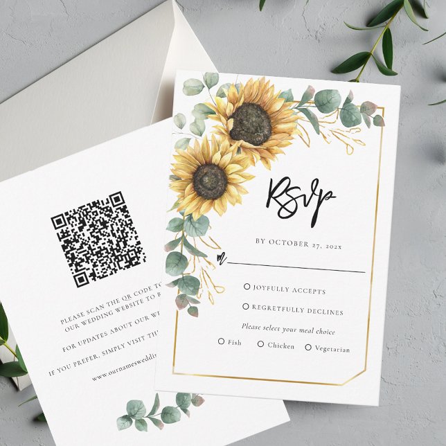 Tarjeta De Confirmación De Asistencia Guión floral Girasol Boda de código QR (Floral Sunflower Eucalyptus Greenery Wedding RSVP Card)