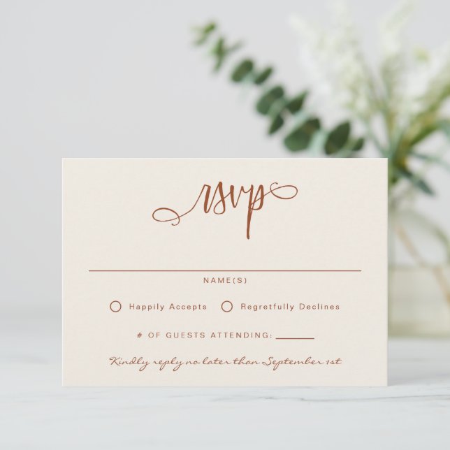 Tarjeta De Confirmación De Asistencia Guión manuscrito de Terracotta Beige Simple (Anverso de pie)