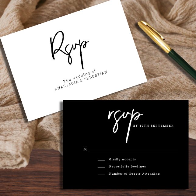 Tarjeta De Confirmación De Asistencia Guión mínimo Boda moderno negro y blanco (Minimal Script Modern Black and White Wedding RSVP Card)