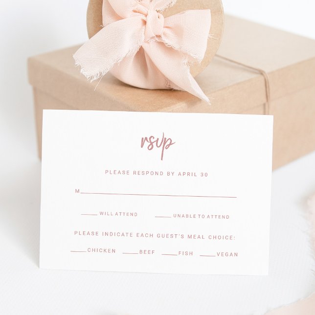 Tarjeta De Confirmación De Asistencia Guión Rosa blanco y turbio | Elección de la comida (A modern white and dusty pink wedding rsvp card)
