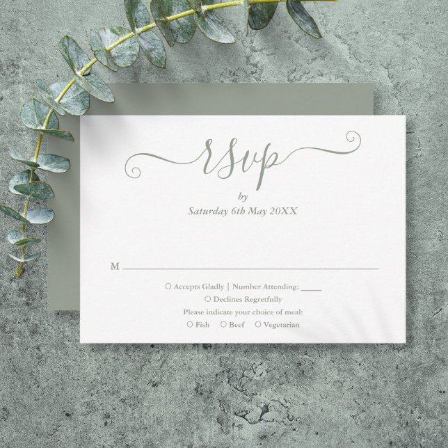 Tarjeta De Confirmación De Asistencia Guión verde sabio simple y elegante (Simple Elegant Sage Green Script RSVP Card)