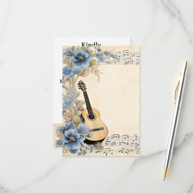 Tarjeta De Confirmación De Asistencia Guitar Music Notes Flowers (Anverso/Reverso In Situ)