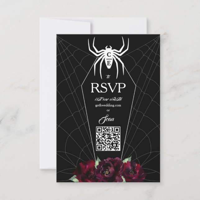 Tarjeta De Confirmación De Asistencia Hallowedding Spider Web Coffin Blanco Negro (Anverso)
