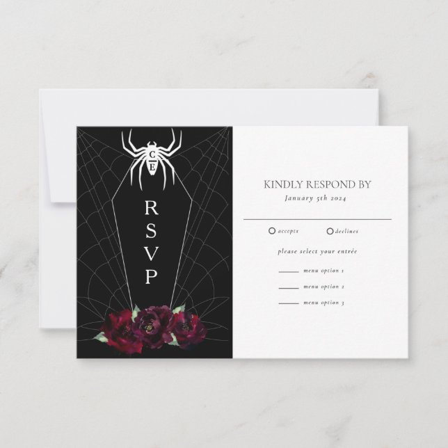 Tarjeta De Confirmación De Asistencia Hallowedding Spider Web Coffin Blanco Negro (Anverso)