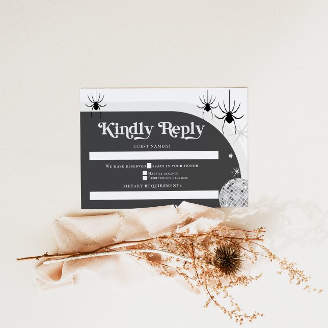 Tarjeta De Confirmación De Asistencia Halloween Retro Disco Spiders & Disco Ball Boda (Subido por el creador)