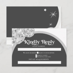 Tarjeta De Confirmación De Asistencia Halloween Retro Gótico Gris Negro Disco Ball Boda