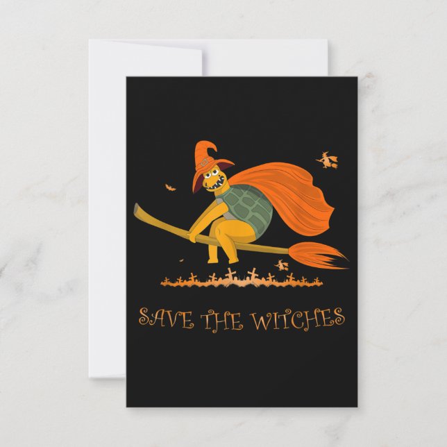 Tarjeta De Confirmación De Asistencia Halloween Witch Flying Turtle Broom Salem (Anverso)