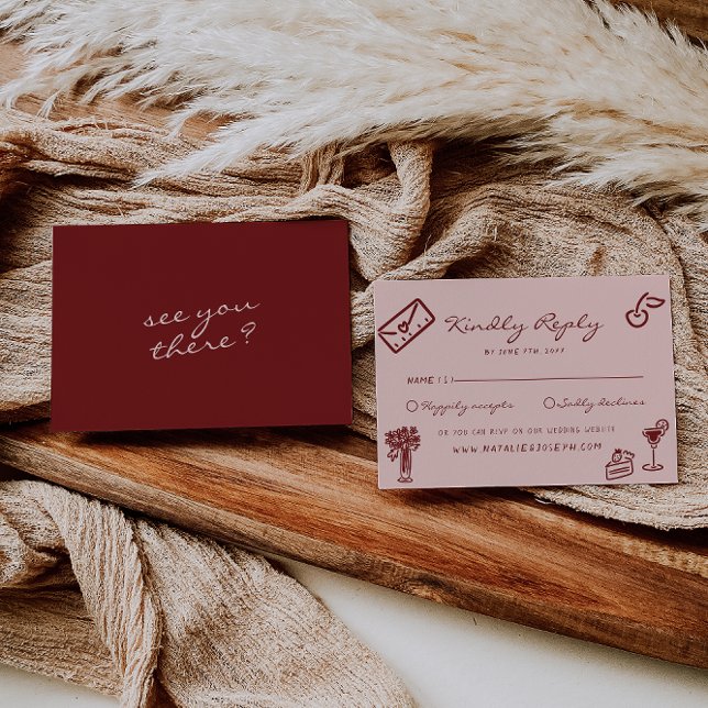 Tarjeta De Confirmación De Asistencia Hand Drawn Pink Burgundy Romantic Wedding (Subido por el creador)