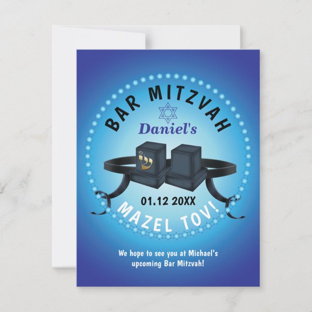 Tarjeta De Confirmación De Asistencia Happy Bar Mitzvah 20XX Decorativo Azul (Anverso)