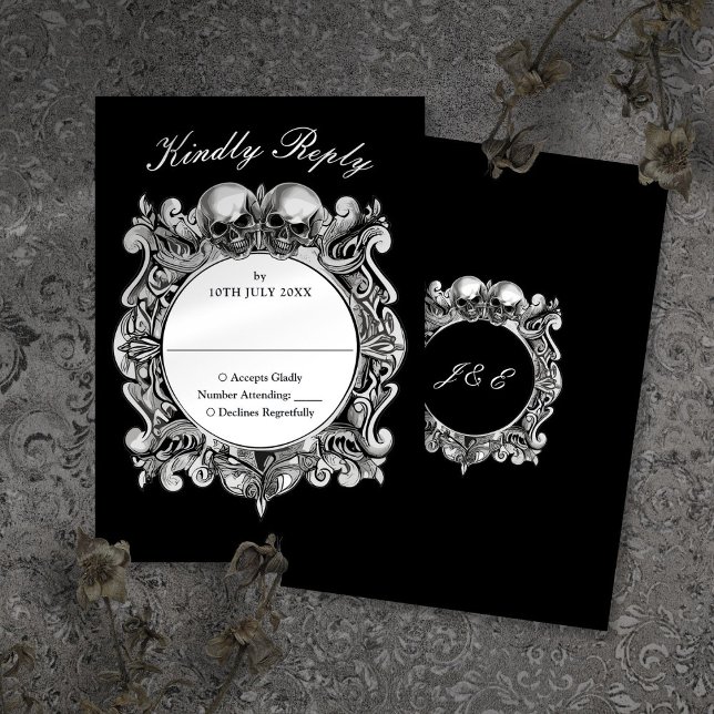 Tarjeta De Confirmación De Asistencia Hasta la muerte Boda en monograma de cráneos gótic (Till Death Gothic Skulls Monogram Wedding RSVP Card)