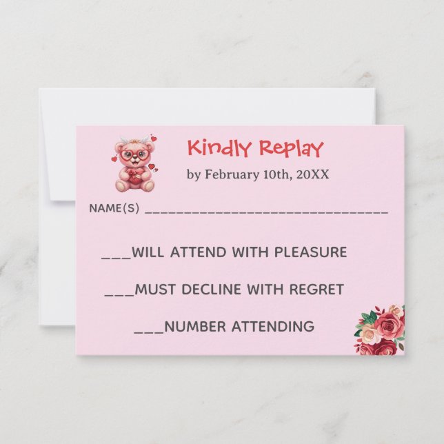 Tarjeta De Confirmación De Asistencia Heart Glasses Teddy Bear Pink Baby Shower  (Anverso)