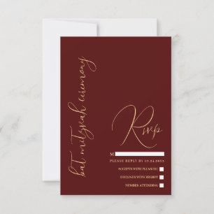 Tarjeta De Confirmación De Asistencia Hebreo moderno simple oro Borgoña rojo Bat Mitzvah