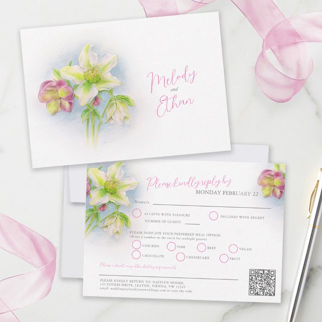 Tarjeta De Confirmación De Asistencia Hellebore acuarela primavera boda primavera QR com (Subido por el creador)