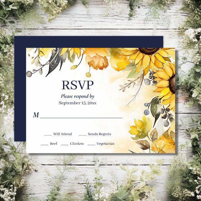 Tarjeta De Confirmación De Asistencia Hermosa acuarela Boda floral de girasol (Front and Back - Beautiful Watercolor Sunflower Floral Wedding RSVP Card)