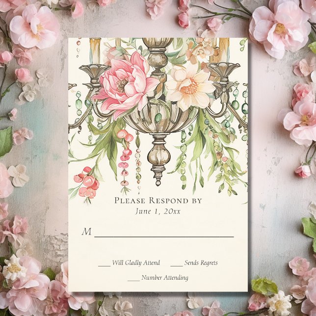 Tarjeta De Confirmación De Asistencia Hermosa Boda de araña floral (Front - Beautiful Watercolor Floral Chandelier Wedding RSVP Card)
