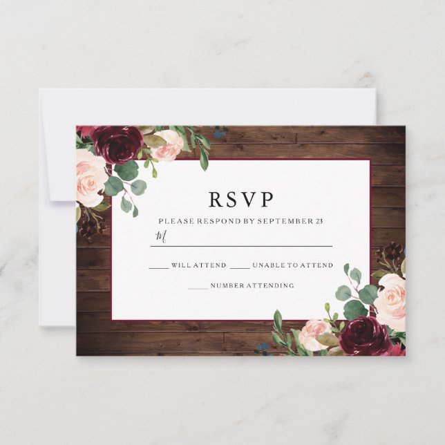 Tarjeta De Confirmación De Asistencia Hermosas flores rusticas de Borgoña elegante boda (Anverso)