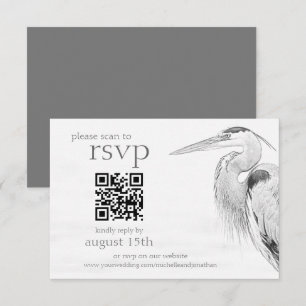 Tarjeta De Confirmación De Asistencia Hermoso Blue Heron Bird Sketch Boda QR Code