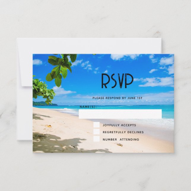 Tarjeta De Confirmación De Asistencia Hermoso Boda fotográfico Sunny Tropical Beach (Anverso)