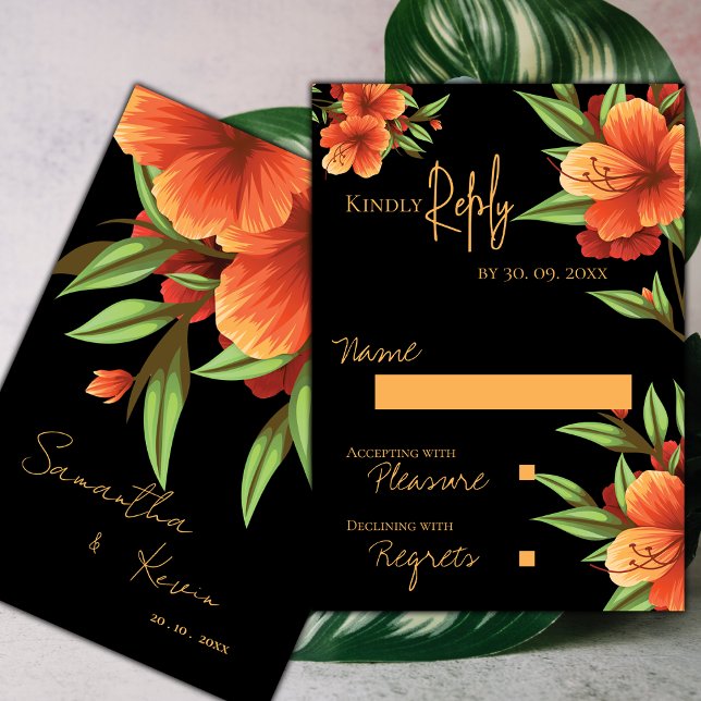 Tarjeta De Confirmación De Asistencia Hermoso Bonito Naranja Moody Boda Floral (Beautiful Pretty Dark Moody Orange Floral Wedding RSVP Card)
