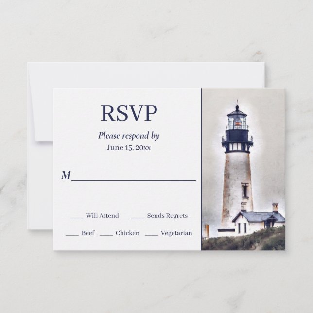 Tarjeta De Confirmación De Asistencia Hermoso faro Nautical Beach Wedding (Anverso)