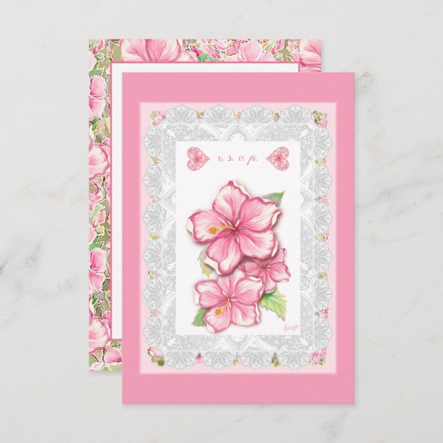 Tarjeta De Confirmación De Asistencia Hibiscus & lace PINK (Anverso / Reverso)