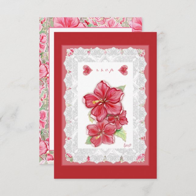 Tarjeta De Confirmación De Asistencia Hibiscus & lace RED (Anverso / Reverso)