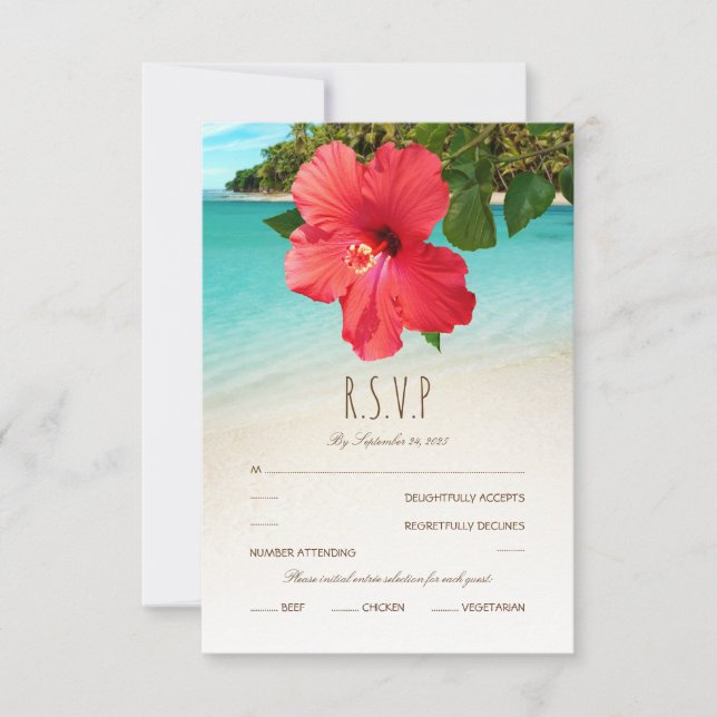 Tarjeta De Confirmación De Asistencia Hibiscus Tropical Hawaiian Beach Themed Boda (Anverso)