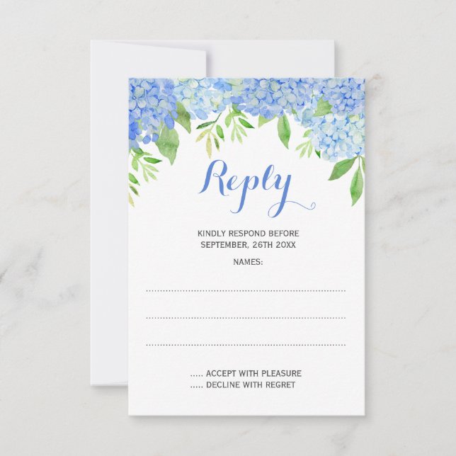 Tarjeta De Confirmación De Asistencia Hidrangea Hidracusia Boda floral azul (Anverso)