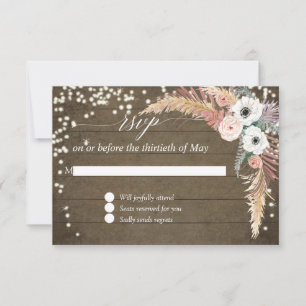 Tarjeta De Confirmación De Asistencia Hierba de Pampas Boho Rubor Floral Luces Centellea