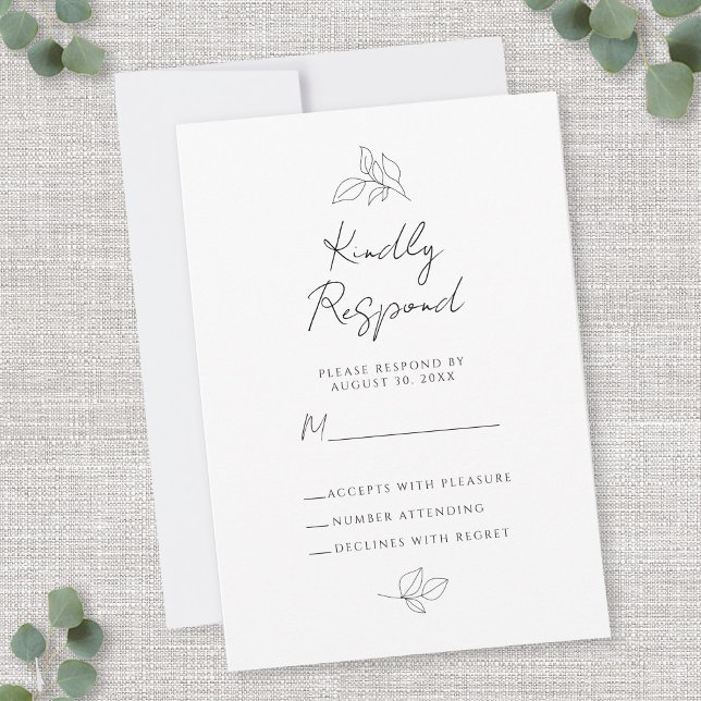 Tarjeta De Confirmación De Asistencia Hojas botánicas bodas Gabinete blanco y negro (Wedding Botanical Leaves Black & White Enclosure RSVP Card)