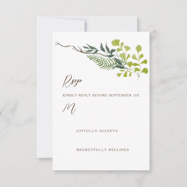 Tarjeta De Confirmación De Asistencia Hojas de árbol de pimienta Fern Garden Wedding Ver (Anverso)