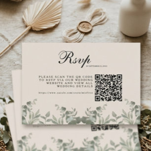 Tarjeta De Confirmación De Asistencia Hojas de eucalipto boho con código QR de boda