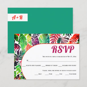Tarjeta De Confirmación De Asistencia Hojas tropicales coloridas maximalistas boda verde