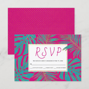 Tarjeta De Confirmación De Asistencia hojas tropicales verde azuladas, doradas, boda ros