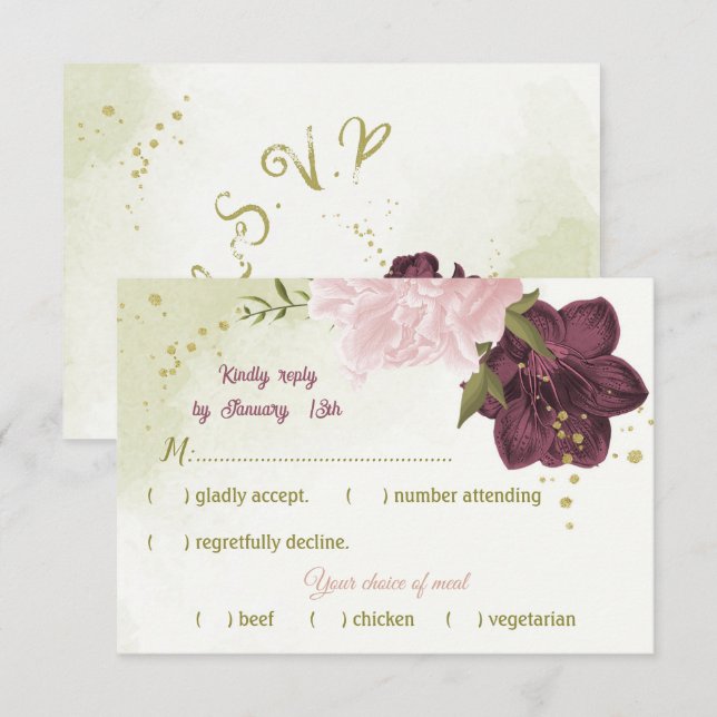 Tarjeta De Confirmación De Asistencia hojas verdes de cabernet rosa (Anverso / Reverso)