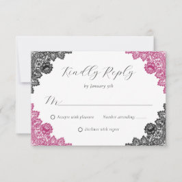 Tarjeta De Confirmación De Asistencia Hot Pink and Black Floral Lace Wedding