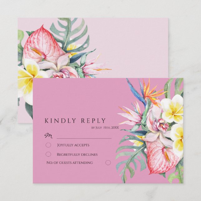 Tarjeta De Confirmación De Asistencia Hot Pink Tropical Floral Botanical Wedding (Anverso / Reverso)