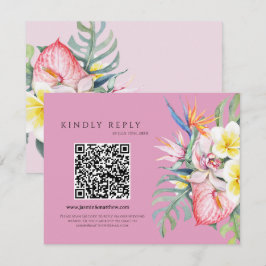 Tarjeta De Confirmación De Asistencia Hot Pink Tropical Floral Hawaii QR Code Wedding