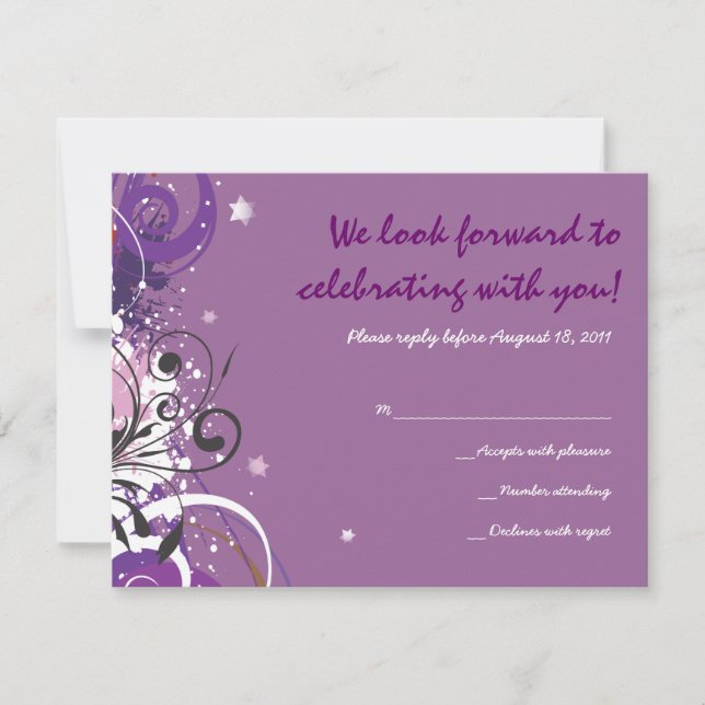 Tarjeta De Confirmación De Asistencia Hot Violet Swirls Stars Bat Mitzvah Reply Card (Anverso)