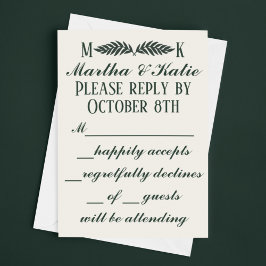 Tarjeta De Confirmación De Asistencia Hunter Green en el Boda Cream Initials