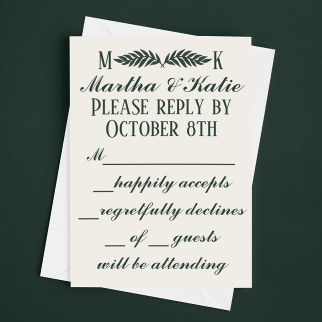 Tarjeta De Confirmación De Asistencia Hunter Green en el Boda Cream Initials (Subido por el creador)