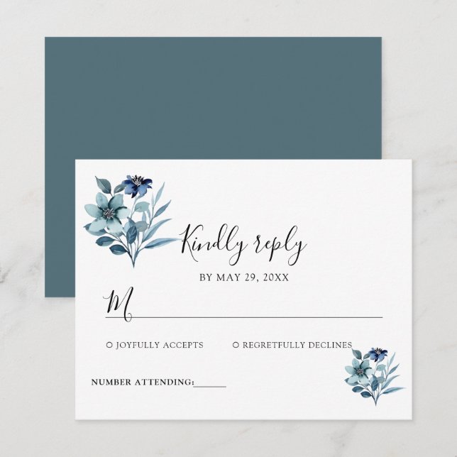 Tarjeta De Confirmación De Asistencia Ilustración de Acuarela Rústica Ramo Floral Azul (Anverso / Reverso)