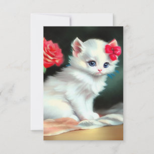 Tarjeta De Confirmación De Asistencia Ilustracion de gatito blanco con flores rojas