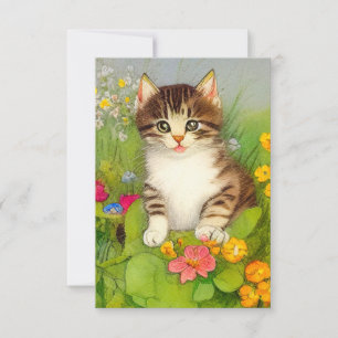 Tarjeta De Confirmación De Asistencia Ilustracion de gato sonriente vintage