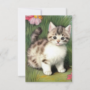 Tarjeta De Confirmación De Asistencia Ilustracion de gato vintage con flores rojas