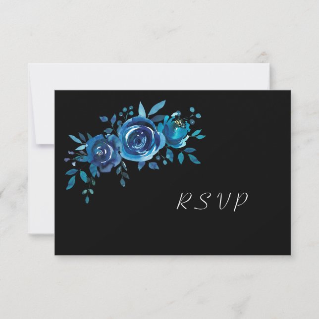 Tarjeta De Confirmación De Asistencia Indigo azul + negro Boda buffet floral (Anverso)