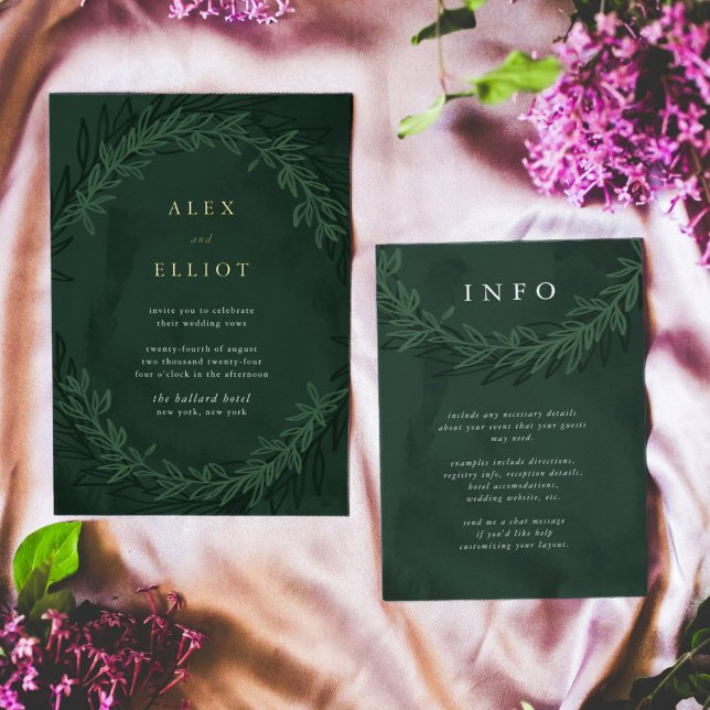 Tarjeta De Confirmación De Asistencia Información dramática de Boda verde esmeralda (Emerald green botanical wedding additional information enclosure card.)