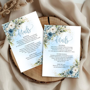 Tarjeta De Confirmación De Asistencia Inserciones de detalles de boda en oro flores azul