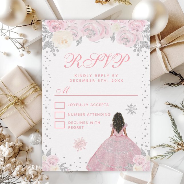 Tarjeta De Confirmación De Asistencia Invierno rosa Piel Oscura Princesa Dulce Dieciséis (Subido por el creador)
